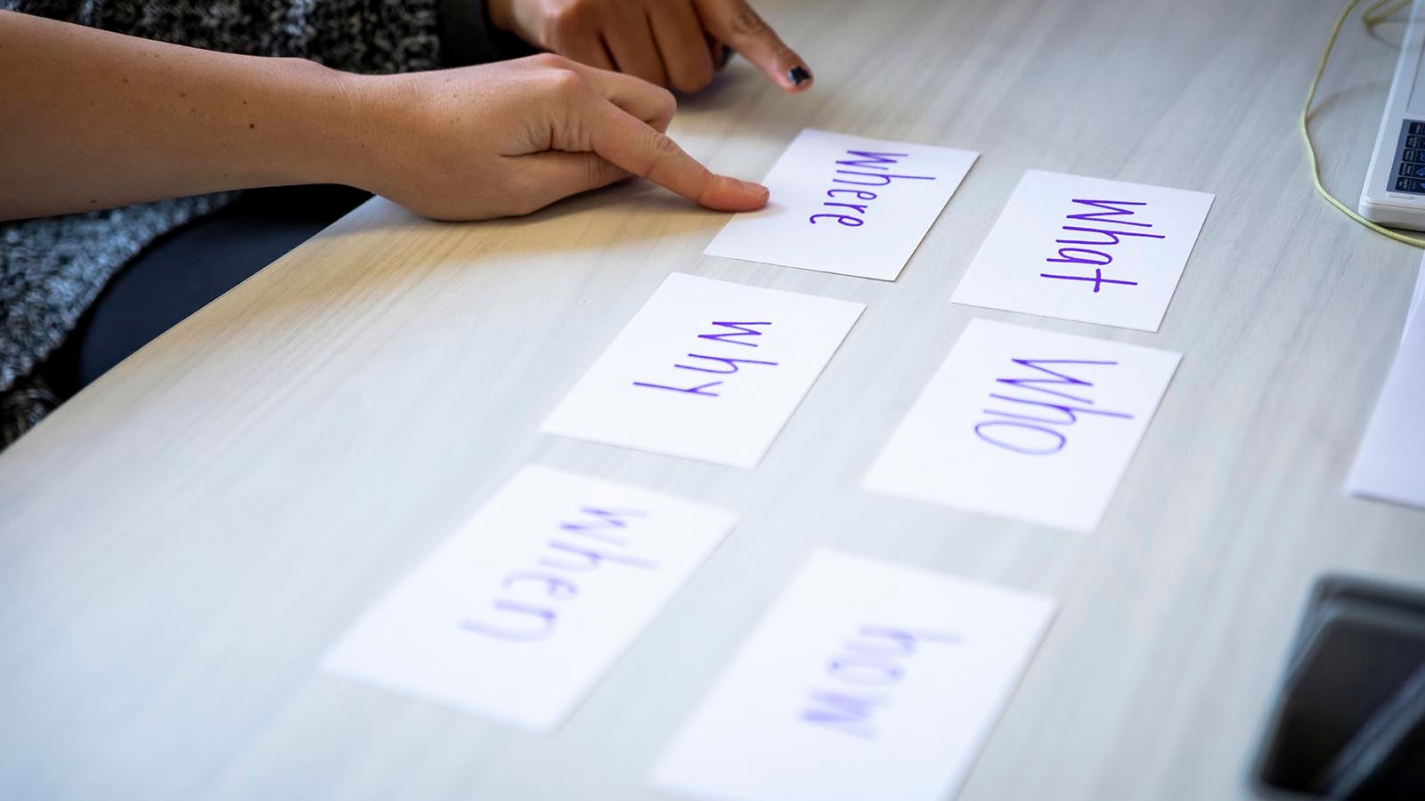 Cards with the words "Who, What, Where, When, Why" are laid out on a table with two hands pointing to the Where card.