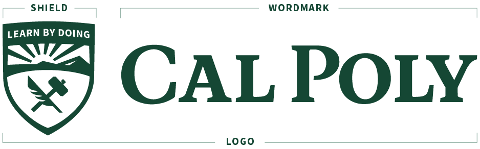 Cal Poly logo with the shield, workmark and logo marked