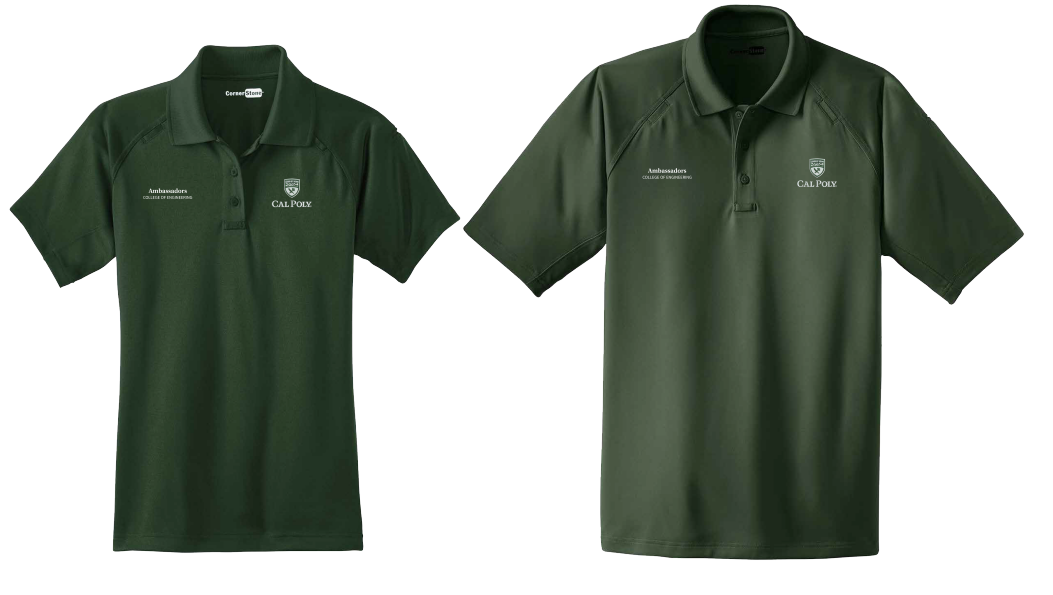 Polo shirts with the Cal Poly logo and department/unit names separated. 