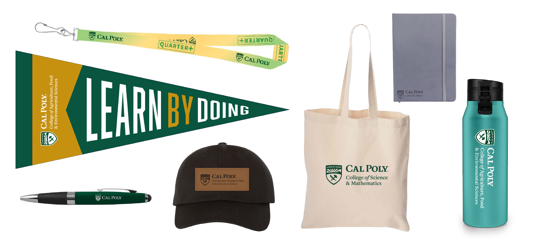 Examples of promotional materials including a lanyard, hat, pen, bag, water bottle, planner and pennant. 