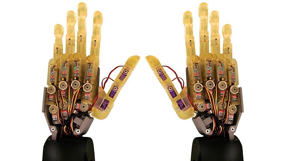 A right-handed robotic hand (the image was duplicated and flipped so that it looked like two hands)