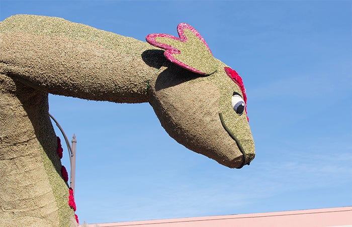 Nessies head and neck on Cal Poly Universities 2025 Rose Float entry Nessies Lakeside Laughs
