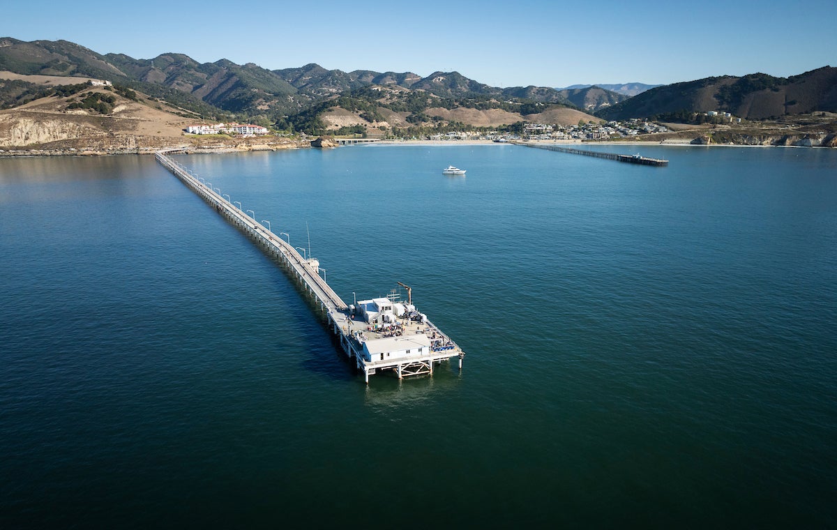 Aerial view of Cal Poly Pier showing coastline and San Luis Obispo Bay