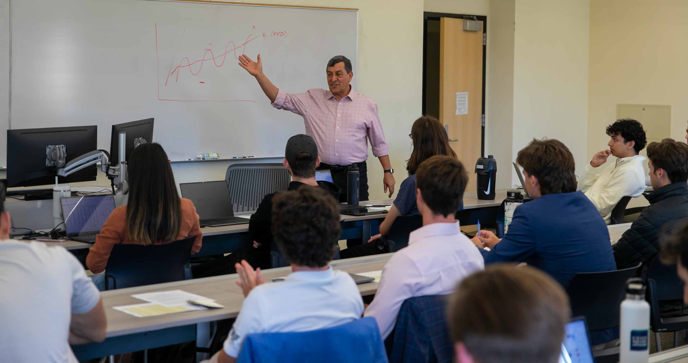 Finance Professor Cyrus Ramezani leads a class