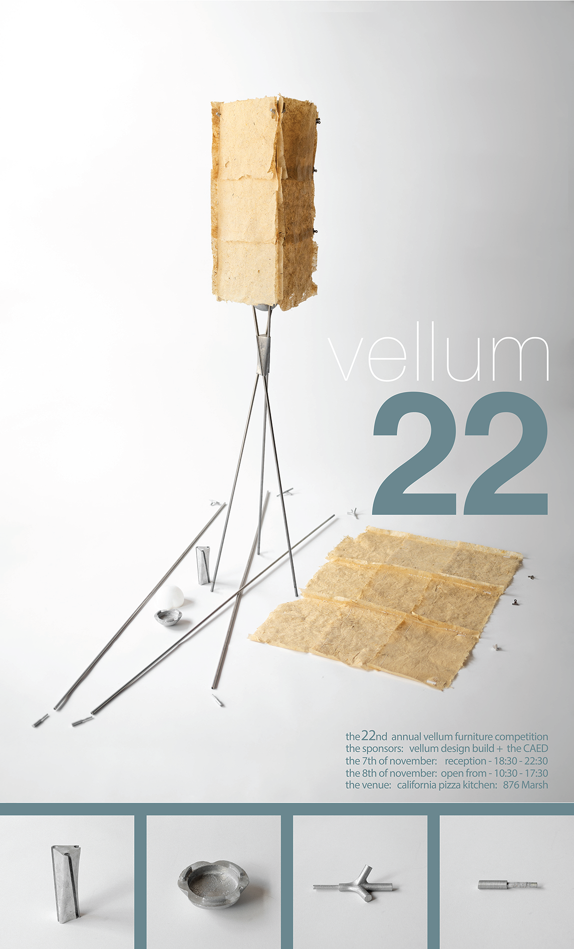 Poster showing elementds of a student-made lamp for the 22nd annual Vellum furniture competition