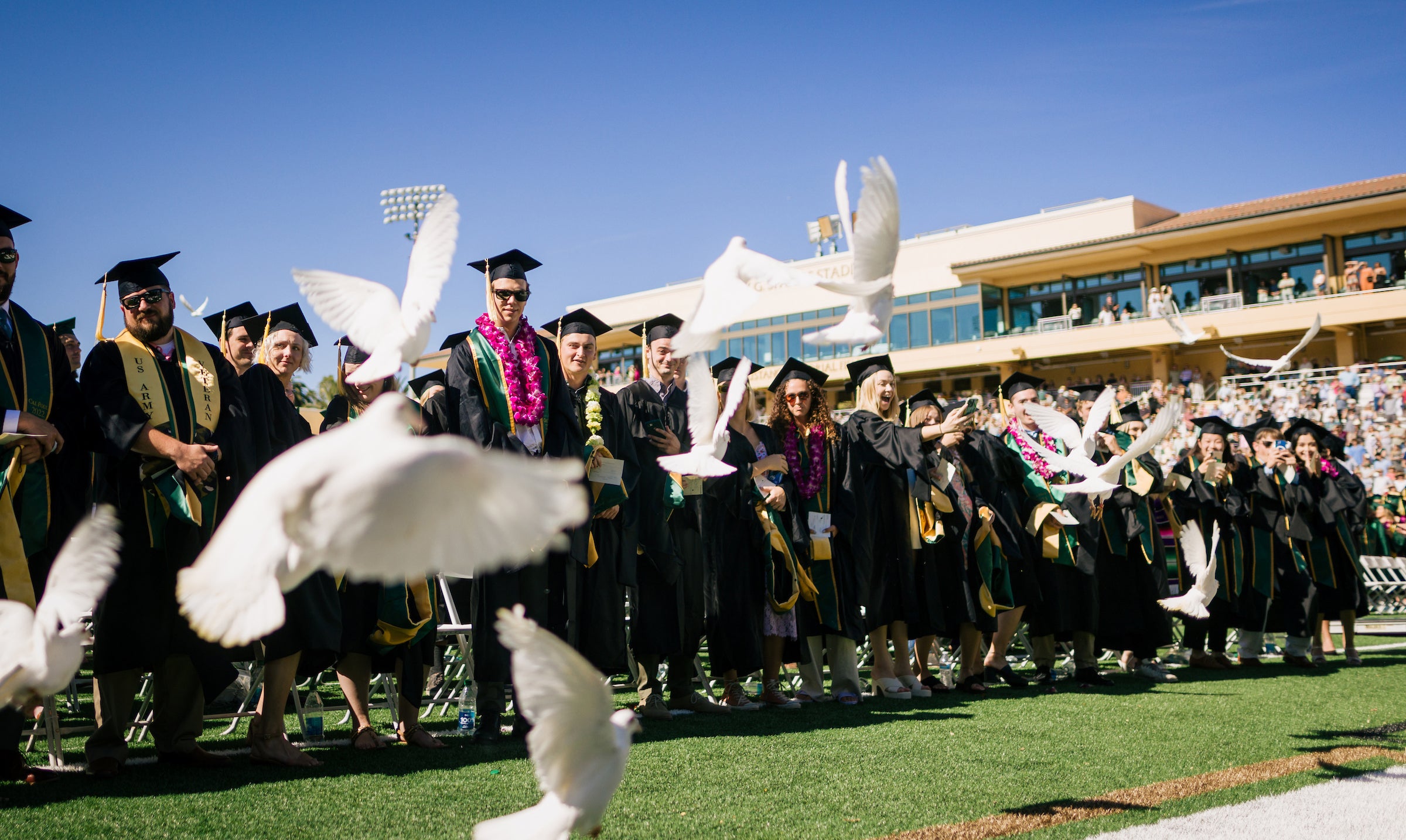 Doves are released at the start of each Cal Poly commencement ceremony