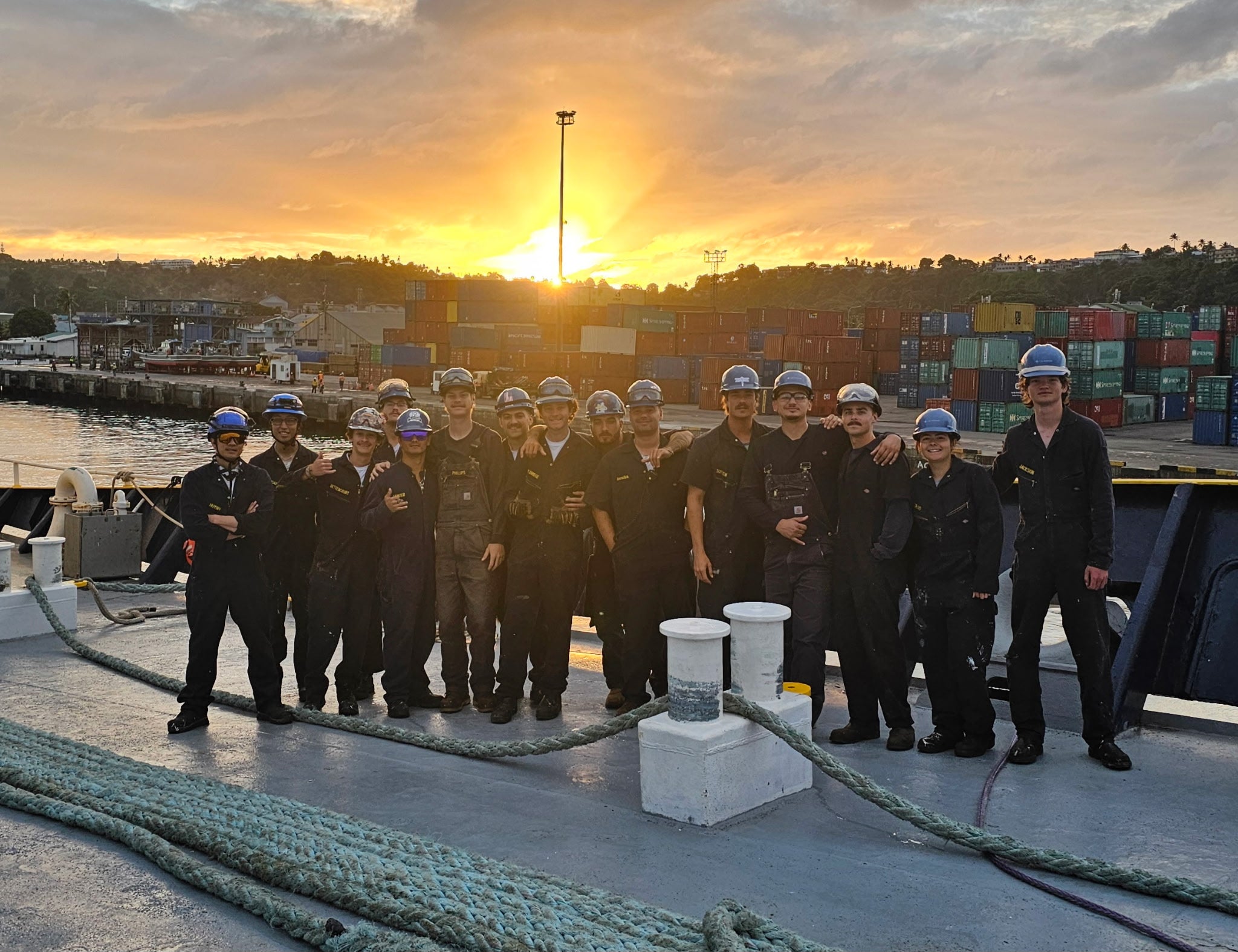 Cadets standing on the deck of Training Ship Golden Bear