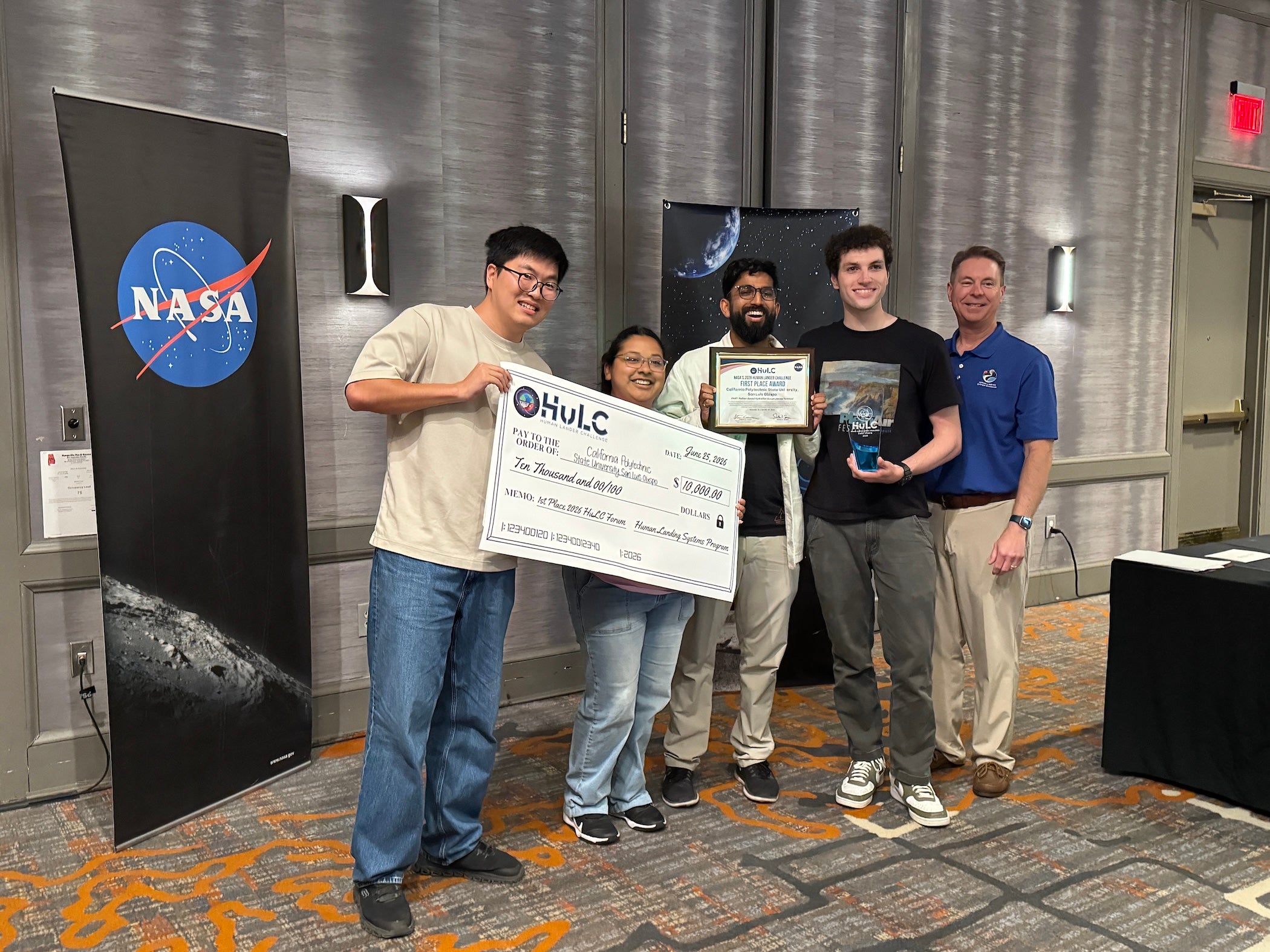 Members of Cal Poly’s PHAT team celebrate their first-place overall finish in NASA’s 2026 Human Lander Challenge in Huntsville, Alabama.