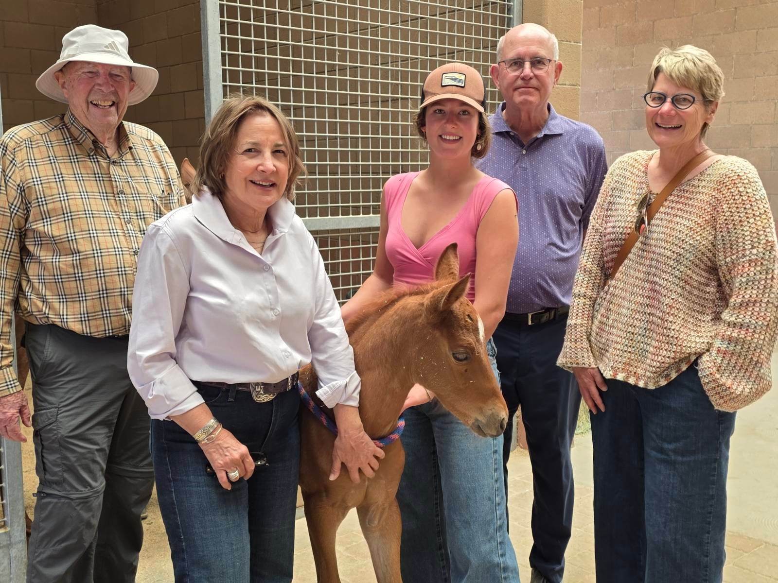 Five people pose with a young horse in a stable.