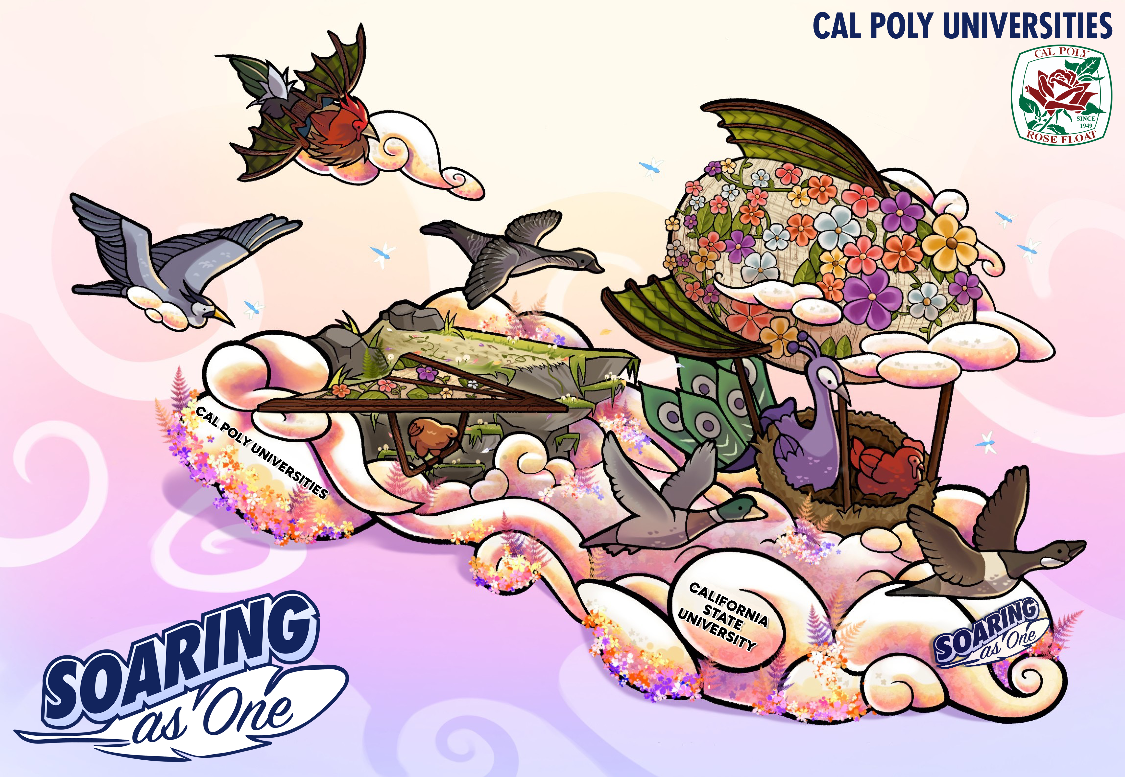 A rendering of Cal Poly Universities’ Rose Parade float, “Soaring as One,” depicting a vibrant flock of flying and usually flightless birds soaring together through a colorful, sunset sky