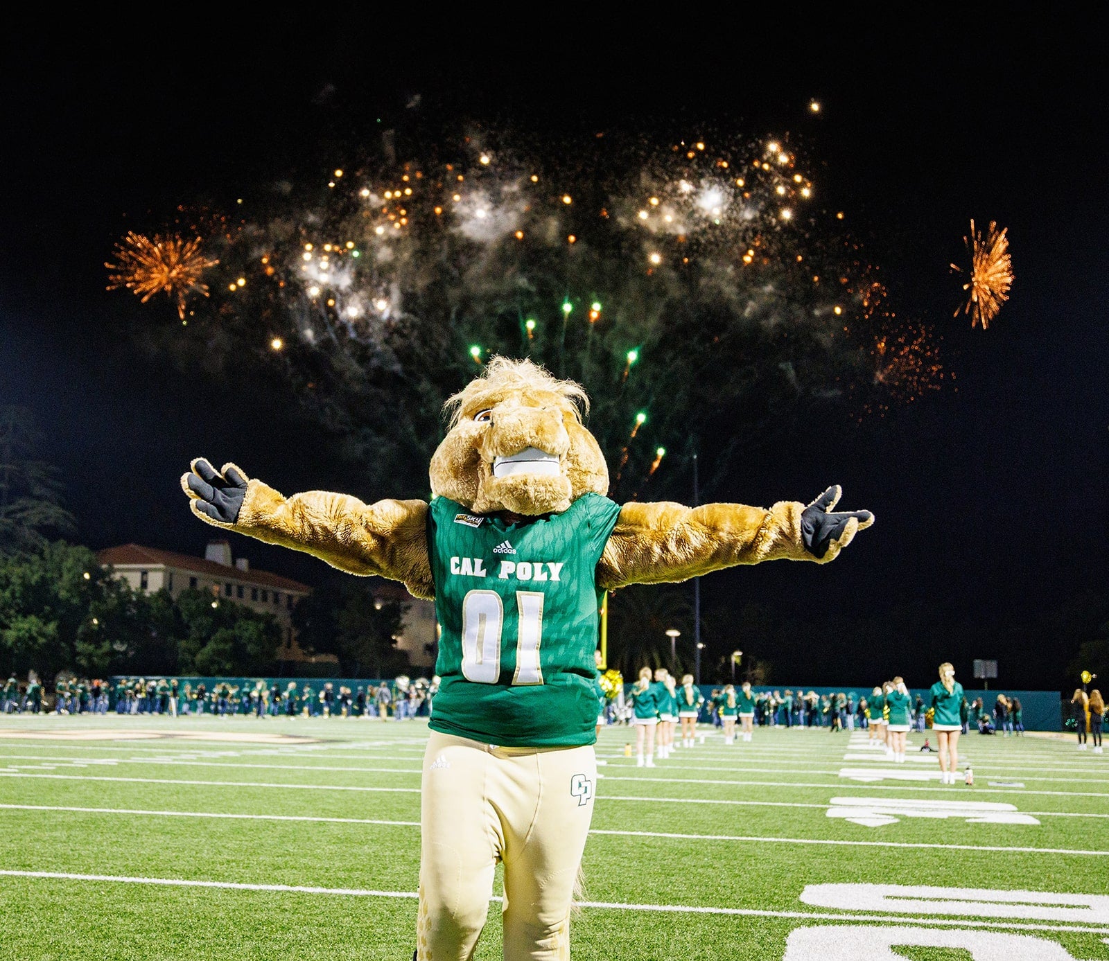 Musty with fireworks behind him