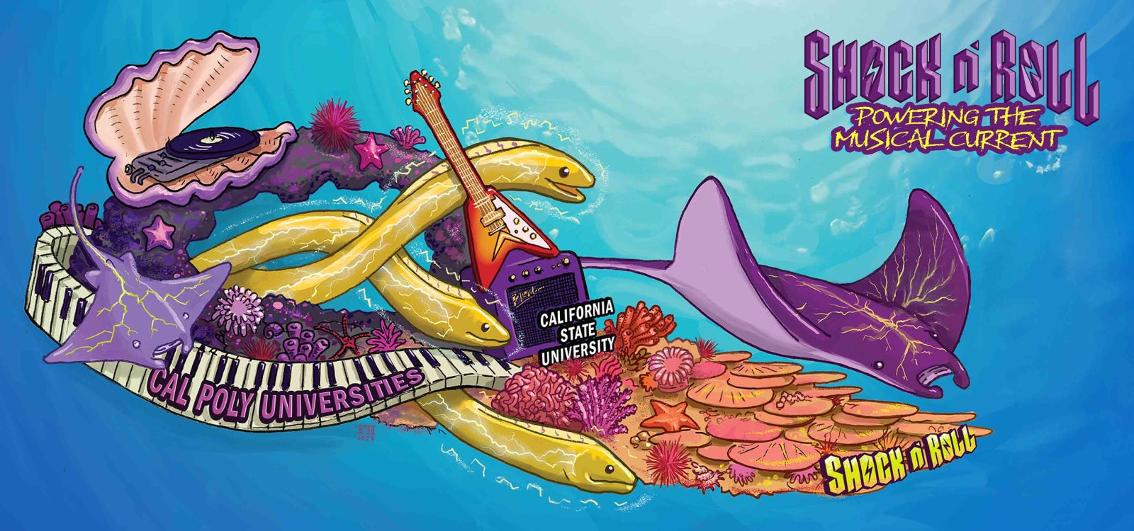 A rendering of Cal Poly universities 2024 Rose Parade entry Shock n Roll features a manta rays swimming to music power by a trio of electric eels