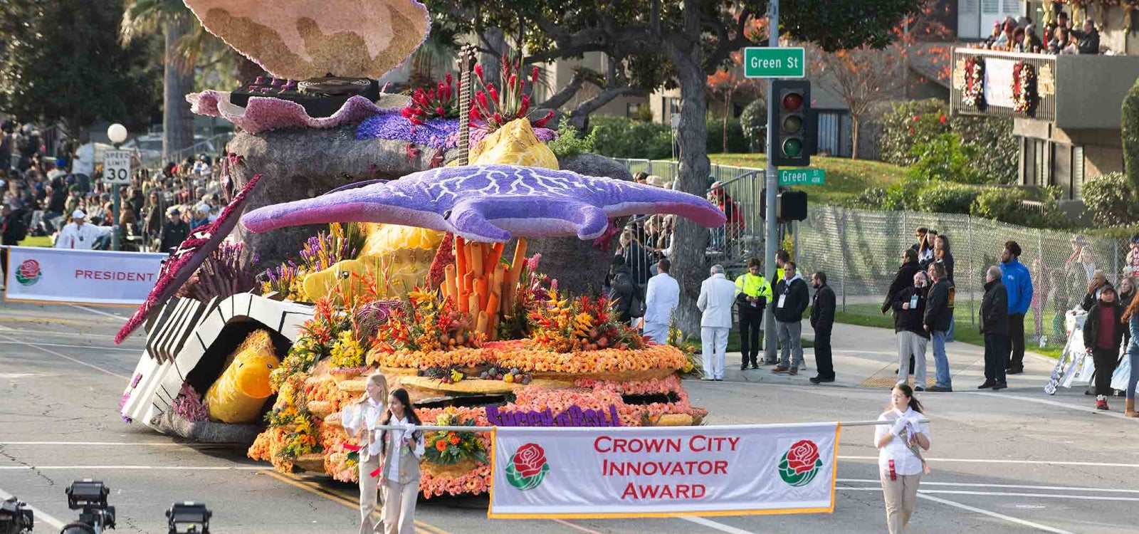 Cal Poly universities award-winning float Shock n Roll: Powering the Musical Current during the 2024 Rose Parade