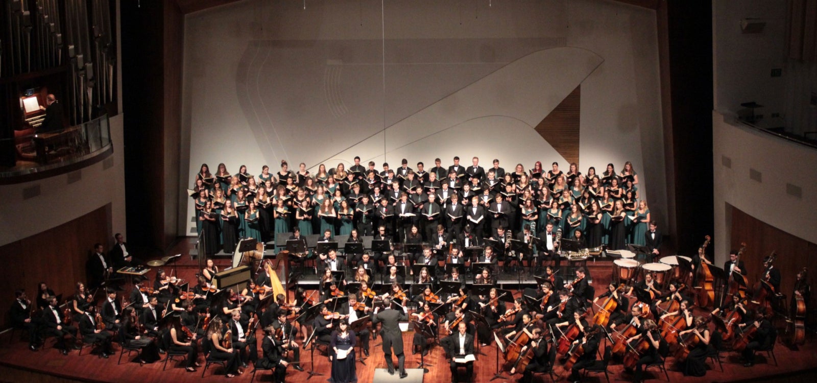 Cal Poly Symphony and Cal Poly Choirs perform onstage at the Performing Arts Center on the Cal Poly campus