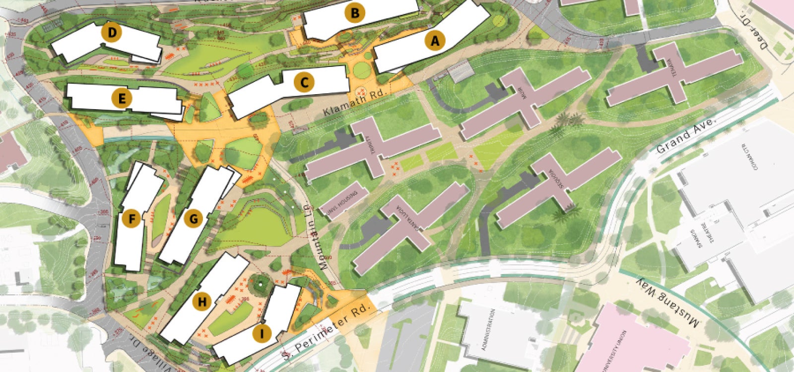 A rendering of the location of the new campus student housing projects to be built over the next 10 years