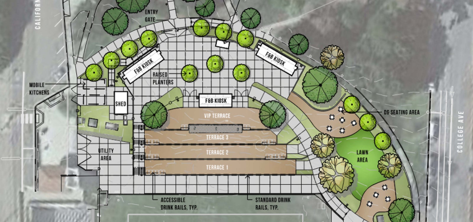An architectural rendering showing the planned Cal Poly Partners Plaza on the north end of Spanos Stadium