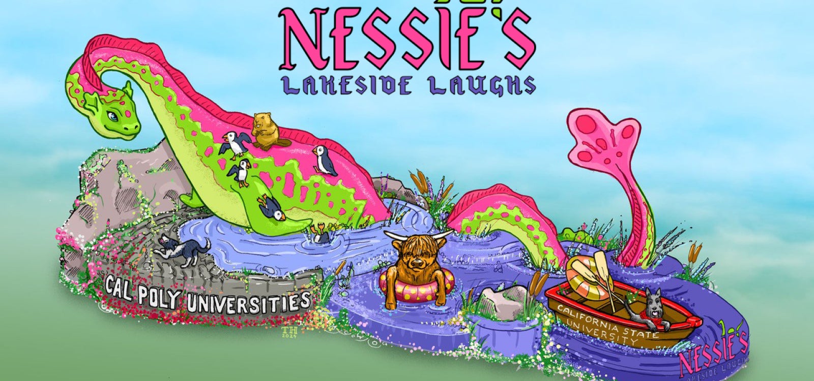 A colorful graphic depiction of Cal Poly universities 2025 Rose Float entry featuring a pink and green Nessie the Loch Ness monster