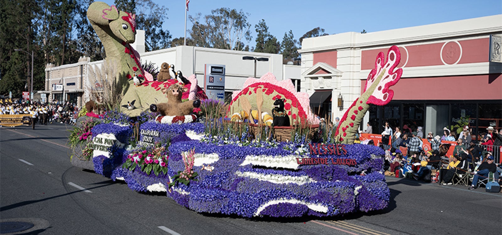 Cal Poly universities 2025, award-winning float entry Nessies Lakeside Laugh on Colorado Boulevard during the Rose Parade in Pasadena