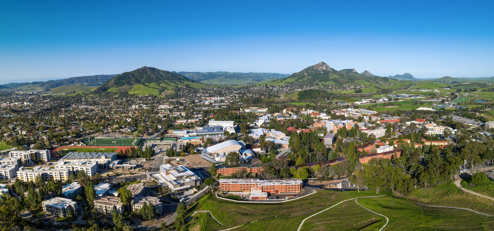 An aerial view of the Cal Poly campus looking west toward Bishop Peak