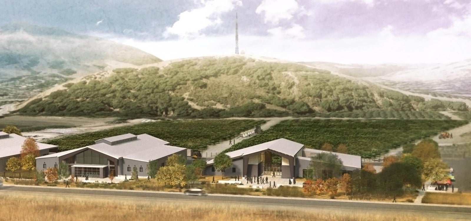 An architectural rendering showing two buildings near the Cal Poly radio tower on a hill near the Highland Drive entrance to campus