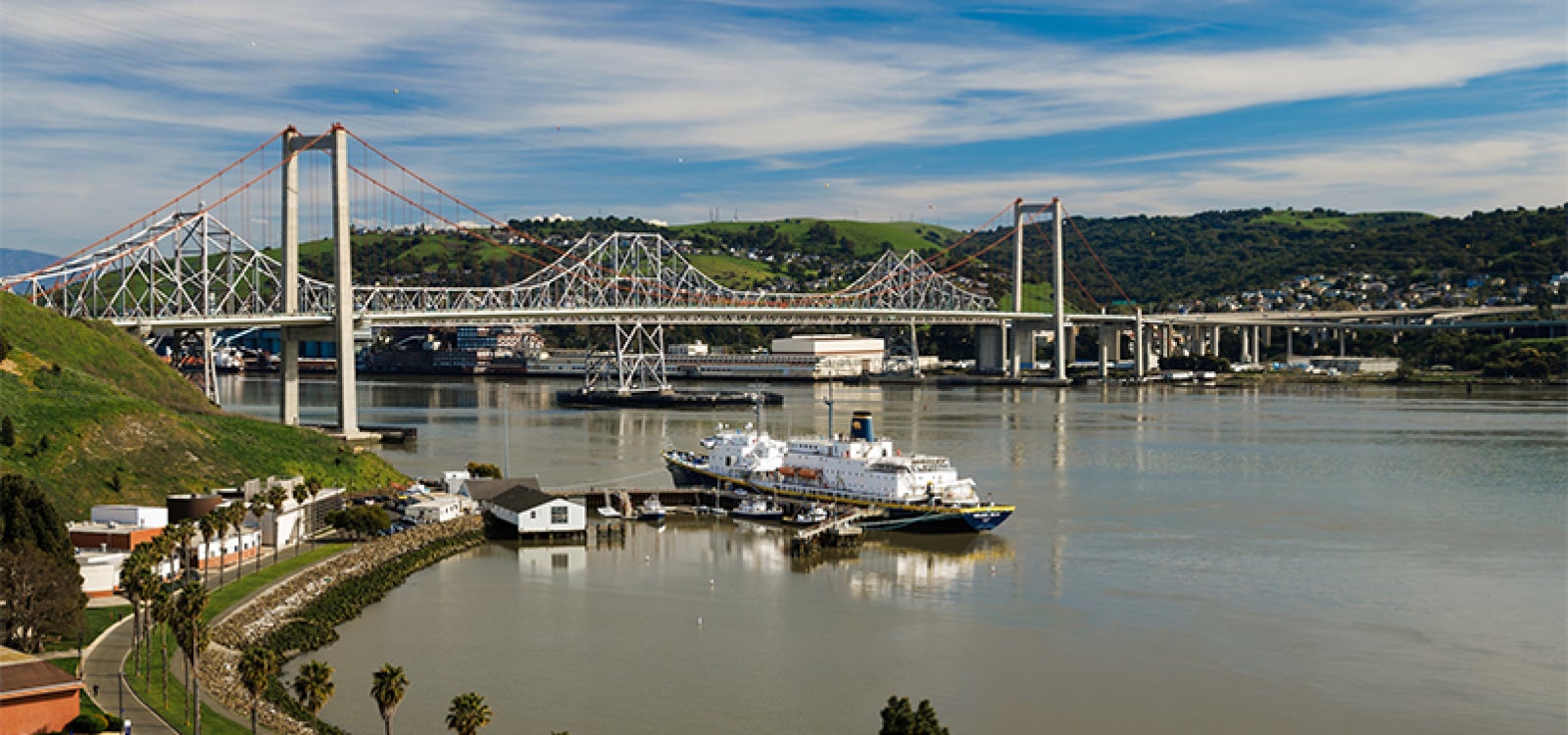 A view looking east from Morrow Cove at Cal Maritime toward Carquinez Bridge 
