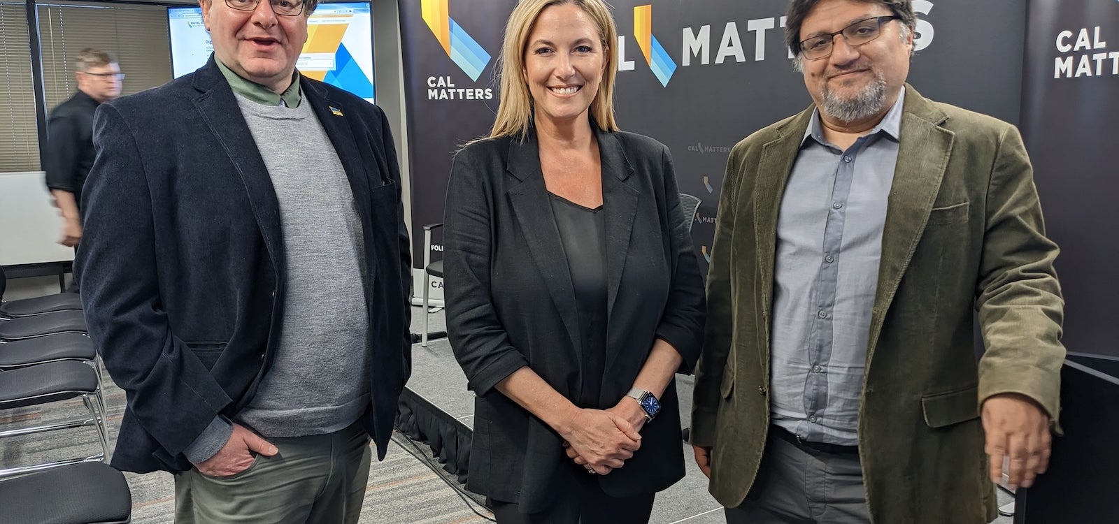 Cal Poly computer science professor Alex Dekhtyar, CBS reporter Julie Watts and Cal Poly computer science professor Foaad Khosmood at a CalMatters gathering