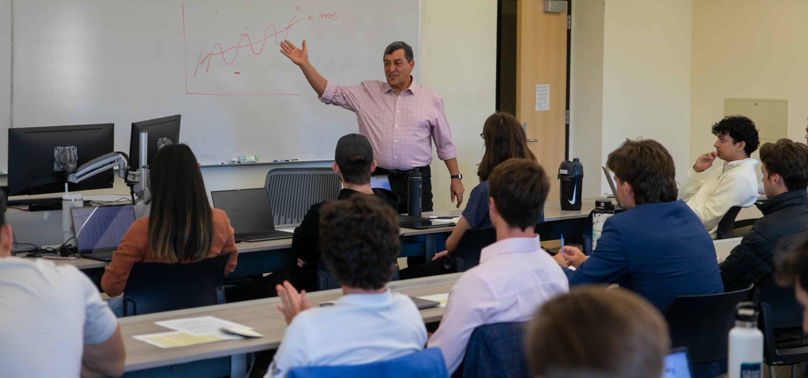 Finance Professor Cyrus Ramezani leads a class