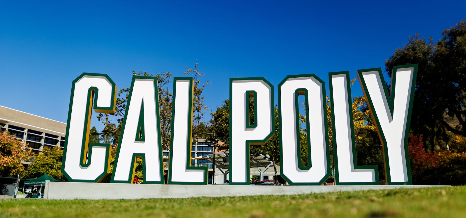 Cal Poly name is spelled out in 3-D lettering near the campus quad