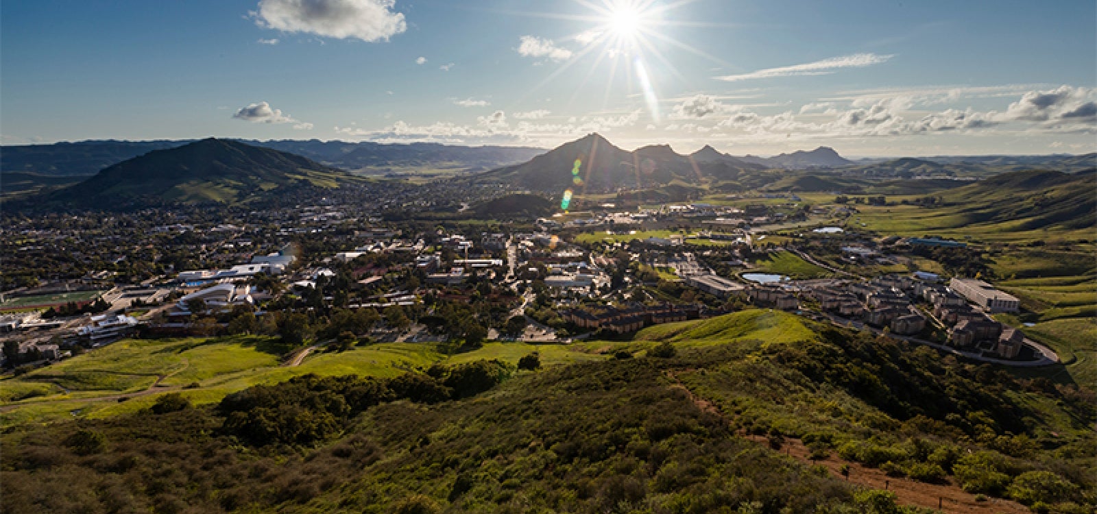 A view looking west across the Cal Poly campus on a sunny, spring day