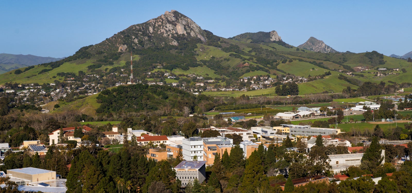 An aerial view of the Cal Poly campus looking west toward Bishop Peak an the other morro volcanic peaks
