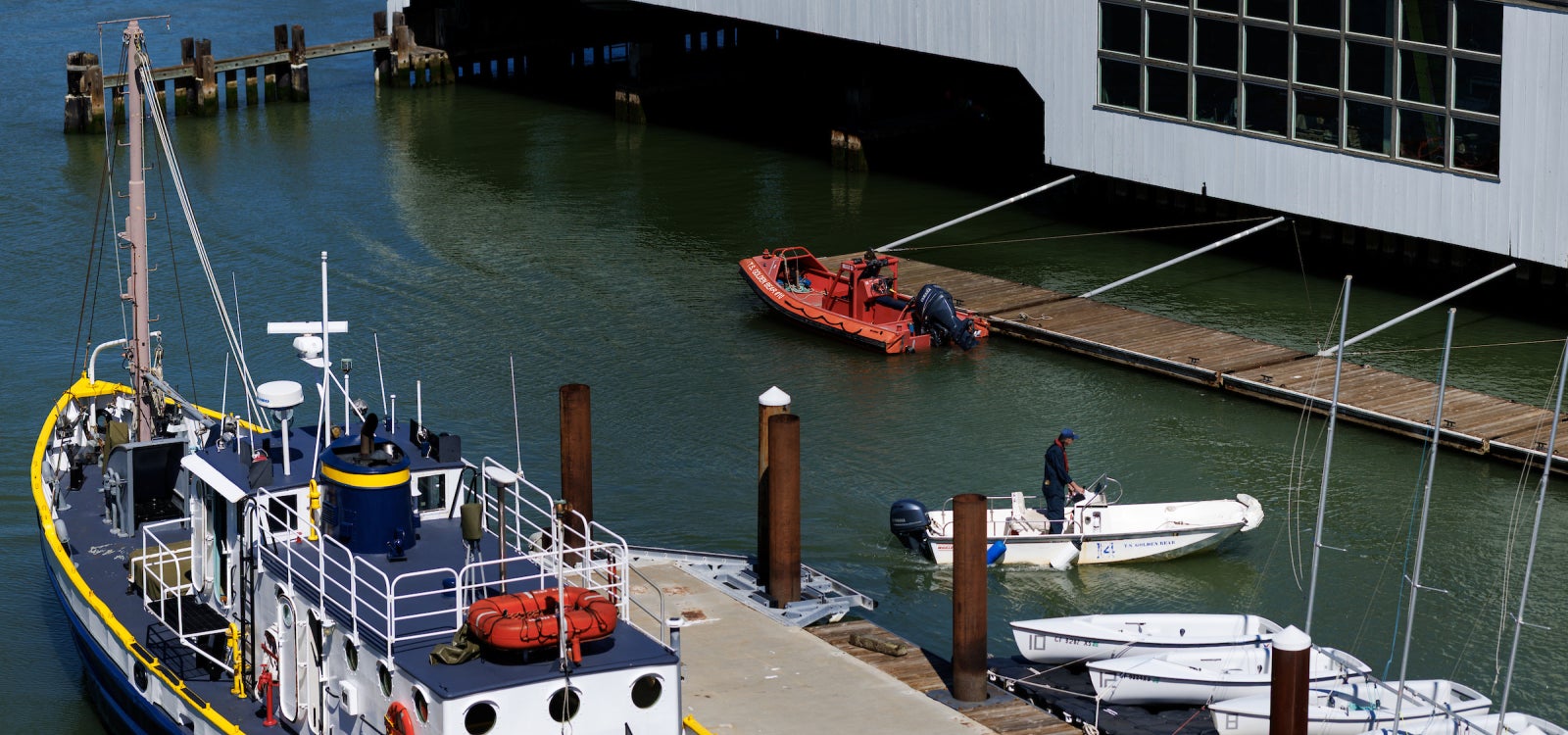 A view of the Cal Poly Maritime Academy pier and boathouse