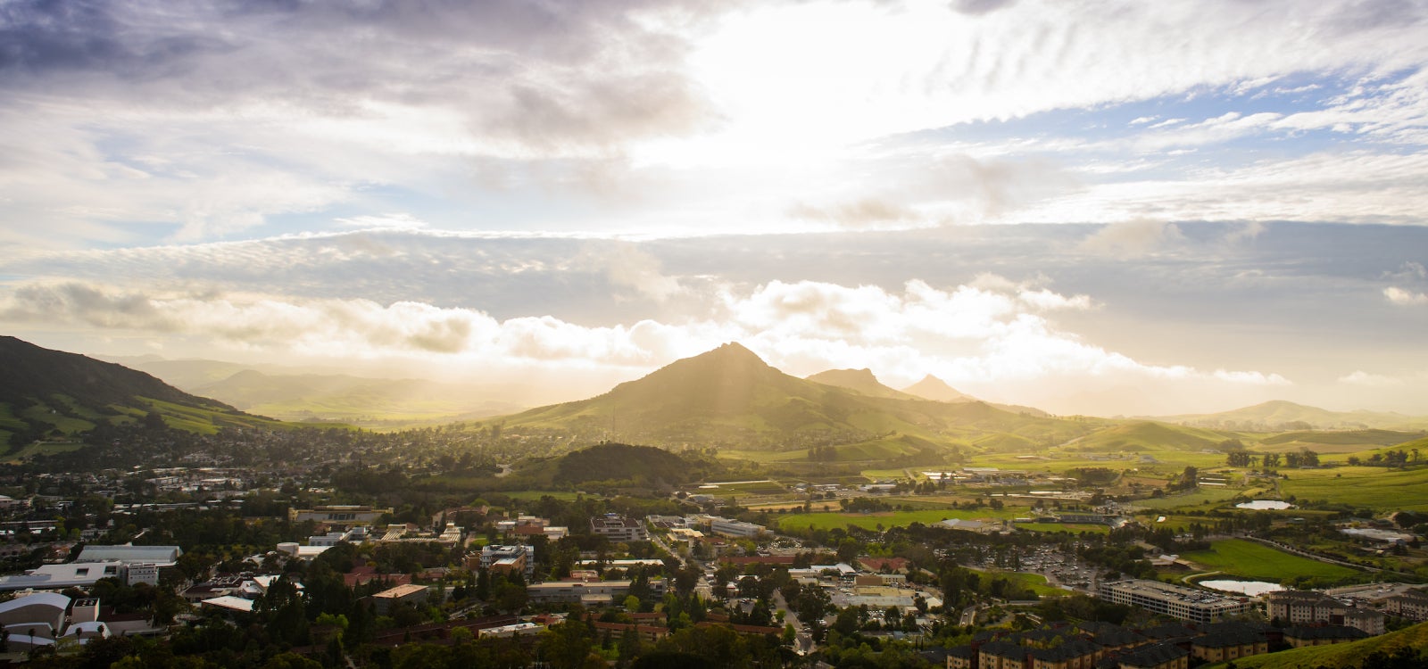 View of campus looking west with sky streaked with clouds