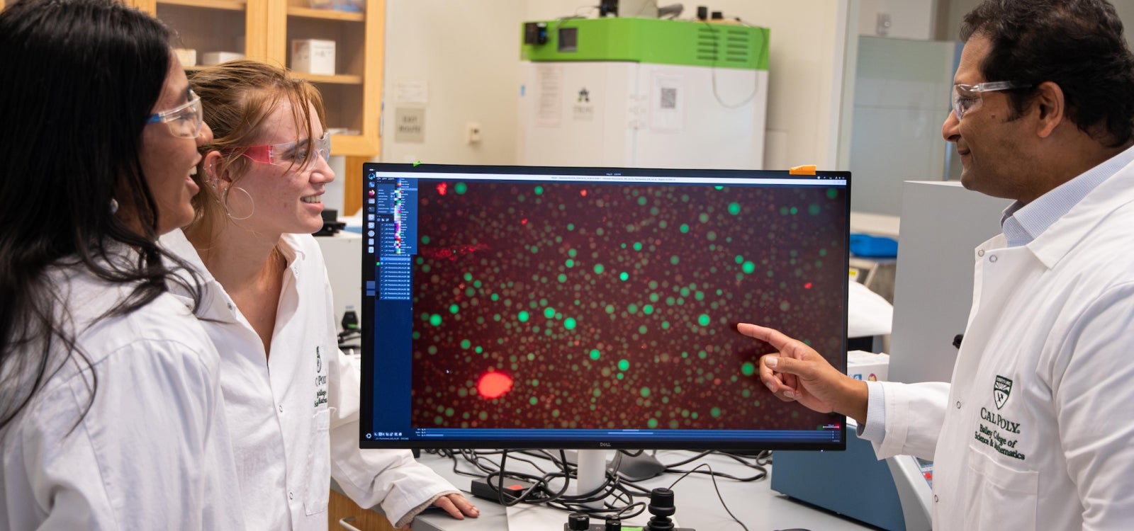 Two biochemistry students and Professor Javin Oza discuss data pictured on the computer monitor