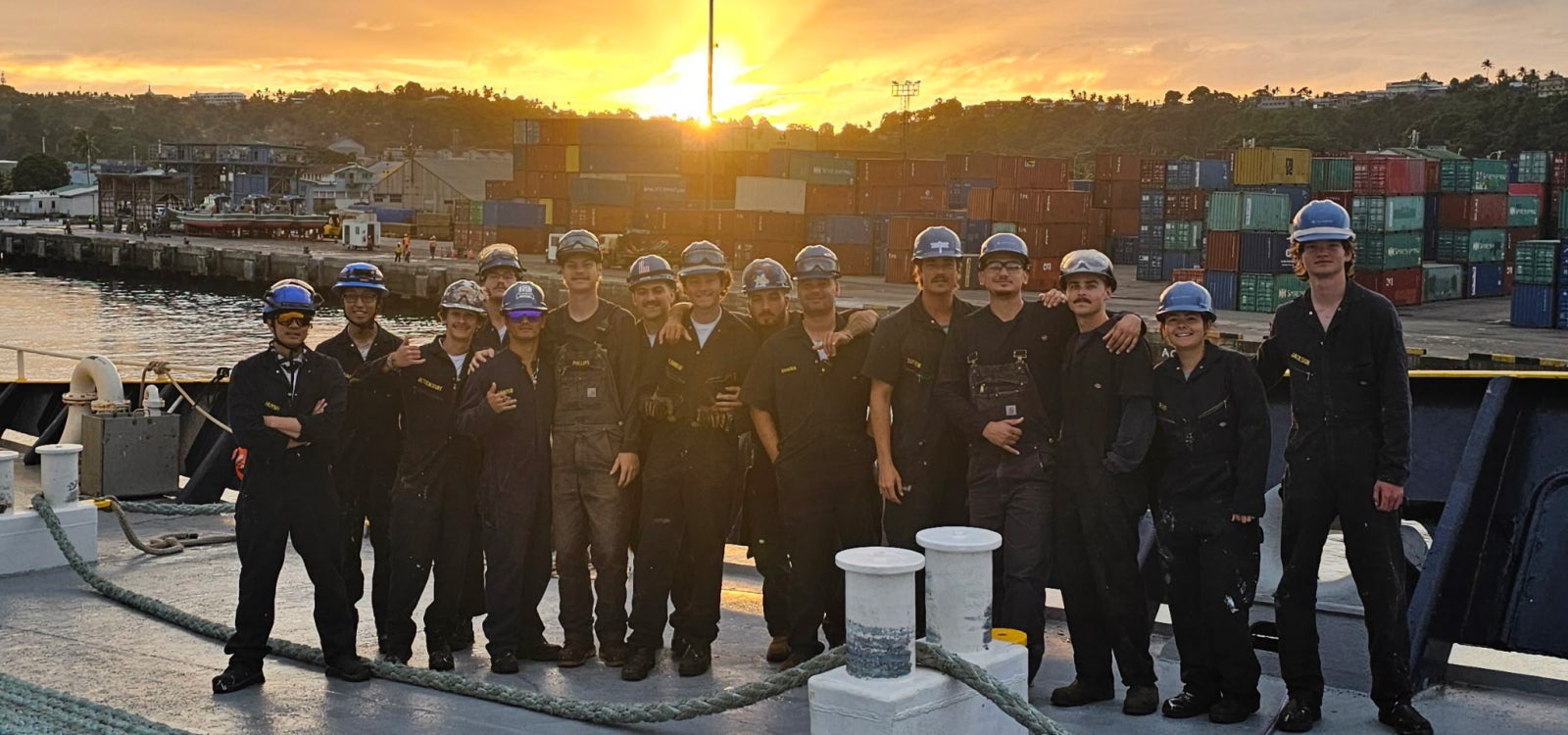 Cadets standing on the deck of Training Ship Golden Bear