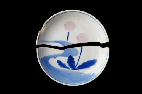 A broken Japanese ceramic plate with a floral design was unearthed during a 2024 student dig
