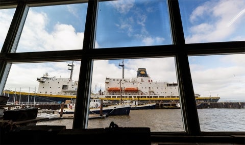 A view of the Golden Bear II vessel out of another Cal Polyu Maritime Academy campus building