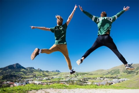 Students jump in the air with the campus below them