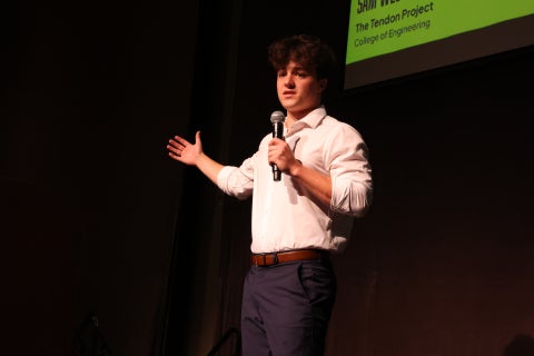 Cal Poly student Samuel Weston earned the Audience Choice Award for Tendon Project at the CIE's 2025 Elevator Pitch competition