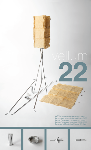 Poster showing elementds of a student-made lamp for the 22nd annual Vellum furniture competition