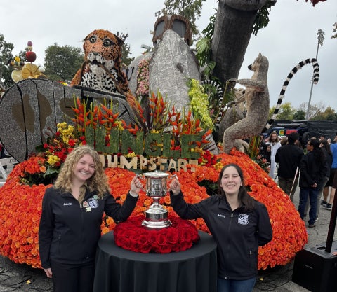 Cal Poly Rose Float presidents Aubrey Goings (Cal Poly San Luis Obispo) and Amelia Atwell (Cal Poly Pomona)