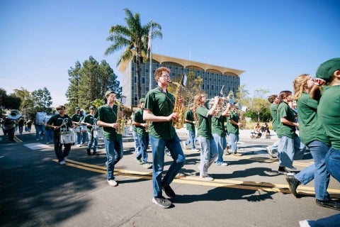 Members of the Cal Poly Marching Band perform during the annual Open House parade
