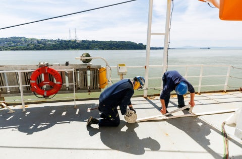 Cadets aboard Training Ship Golden Bear prepare the ship for Summer Sea Term 2025