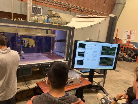 Participants use the wind tunnel for testing