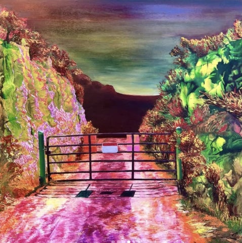 A colorful landscape featuring a rural road with a cattle fence gate