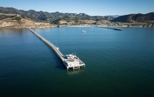 Aerial view of Cal Poly Pier showing coastline and San Luis Obispo Bay