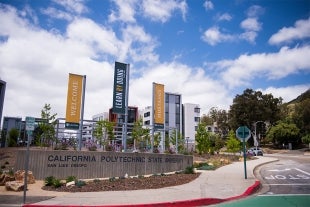 Three welcome banners greet visitors to the Cal Poly campus at its Grand Avenue entrance