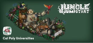 A rendering of the Cal Poly universities 2026 Rose Parade float Jungle Jumpstart jungle creatures work around a robot to bring it back to life