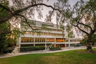 The exterior of Kennedy Library framed by a tree branch