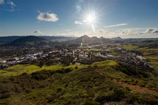 A view looking west across the Cal Poly campus on a sunny, spring day
