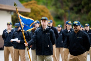 Dozens of Cal Poly Maritime Academy cadets gather for morning formation